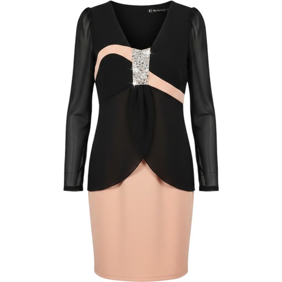 Lily elegant soft Dresses & Skirts - Lily Elegant Soft Women Black Peach Rhinestone Cocktail Dress Sheer Sleeve M